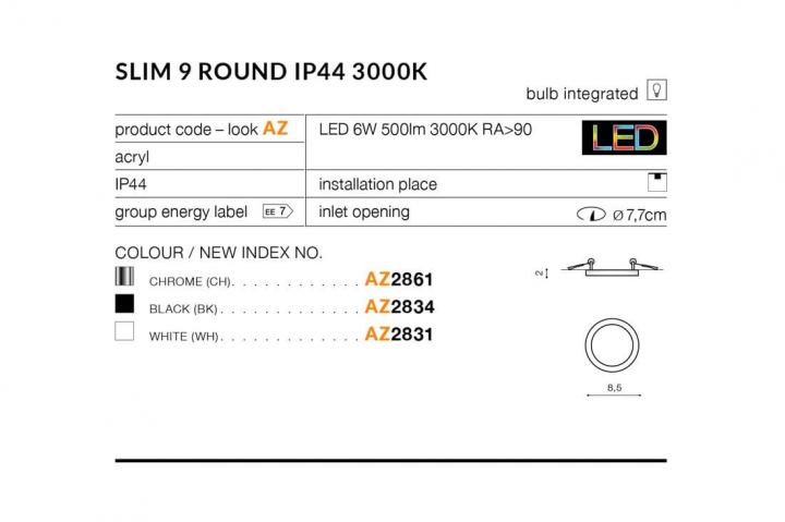 Точковий світильник AZzardo SLIM 9 ROUND IP44 3000K AZ2831