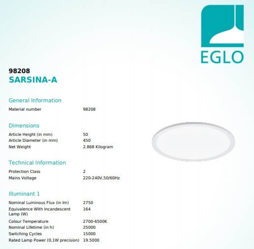 Стельовий світильник Eglo SARSINA-A 98208