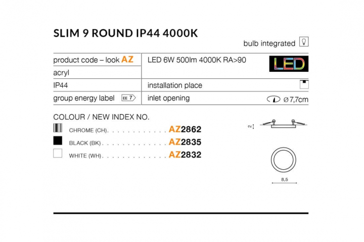Точковий світильник AZzardo SLIM 9 ROUND IP44 4000K AZ2835 фото